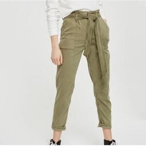 TopShop pants trousers pull on paper bag waist belted army green pockets SZ 8